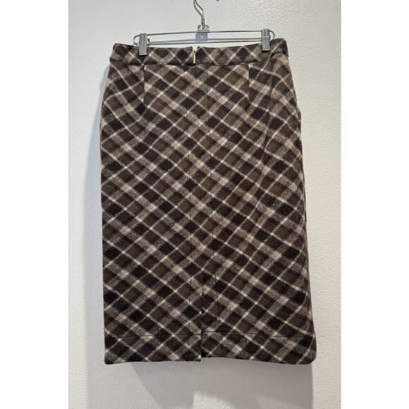 Tory Burch Size Medium 100% Brown Wool Blend Pencil Skirt Plaid Print Lined READ - Picture 2 of 13